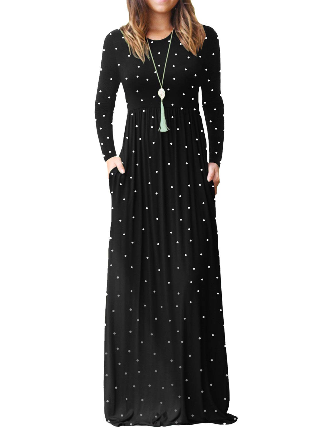 REORIA Women's Long Sleeve Loose Polka Dot Maxi Dresses Casual Long Dresses with Pockets Black Large