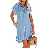 Paintcolors Women's Long Sleeve Silk Denim Button Up Dresses Shirt Tunics Cover-ups Oversized Blouse Tops with Pockets