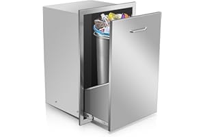 FOHERE Stainless Steel Pull Out Trash Drawer 19.7" W x 28.9" H x 15.6" D Quiet Sliding Rails Outdoor Kitchen Trash Drawer with Fixed Ring and Handle for Outdoor Kitchen BBQ Island Grill Station