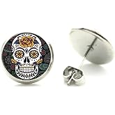 DianaL Boutique Silver Tone Glass Cabochon Gothic Skull Earrings Stud Art Picture Jewelry