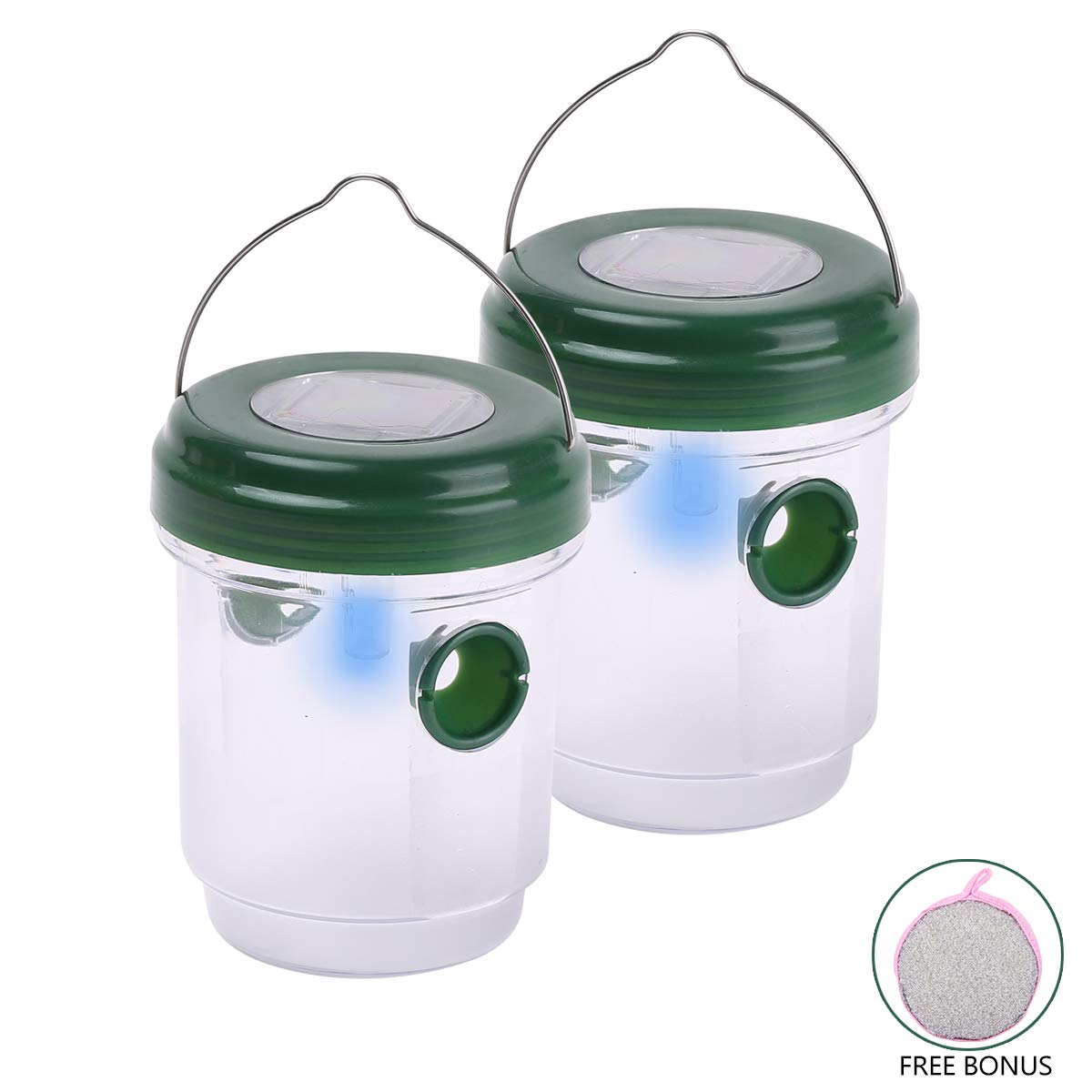 HUYIJJH Wasp Trap Catcher Solar Powered Killer Repellent Outdoor Reusable with Ultraviolet LED Light for Bees, Wasps, Hornets, Yellow Jackets and More (2 Pack)