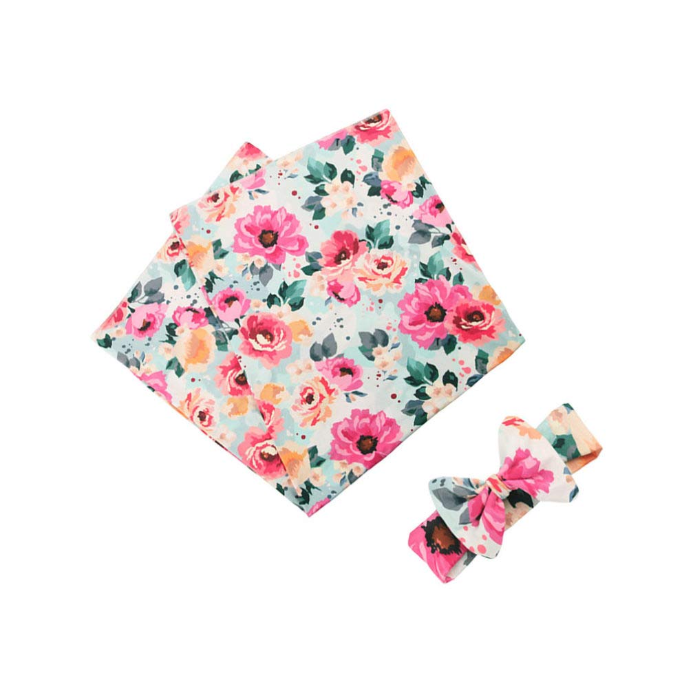 Amosfun Infant Floral Swaddle Wrap With Bow Headbands Baby Wrap Blanket Soft Stretchy Swaddle Blankets Swaddle Sack Stroller Wrap Photo Booth Prop For Newborn Infant Baby Unisex Green 2pcs