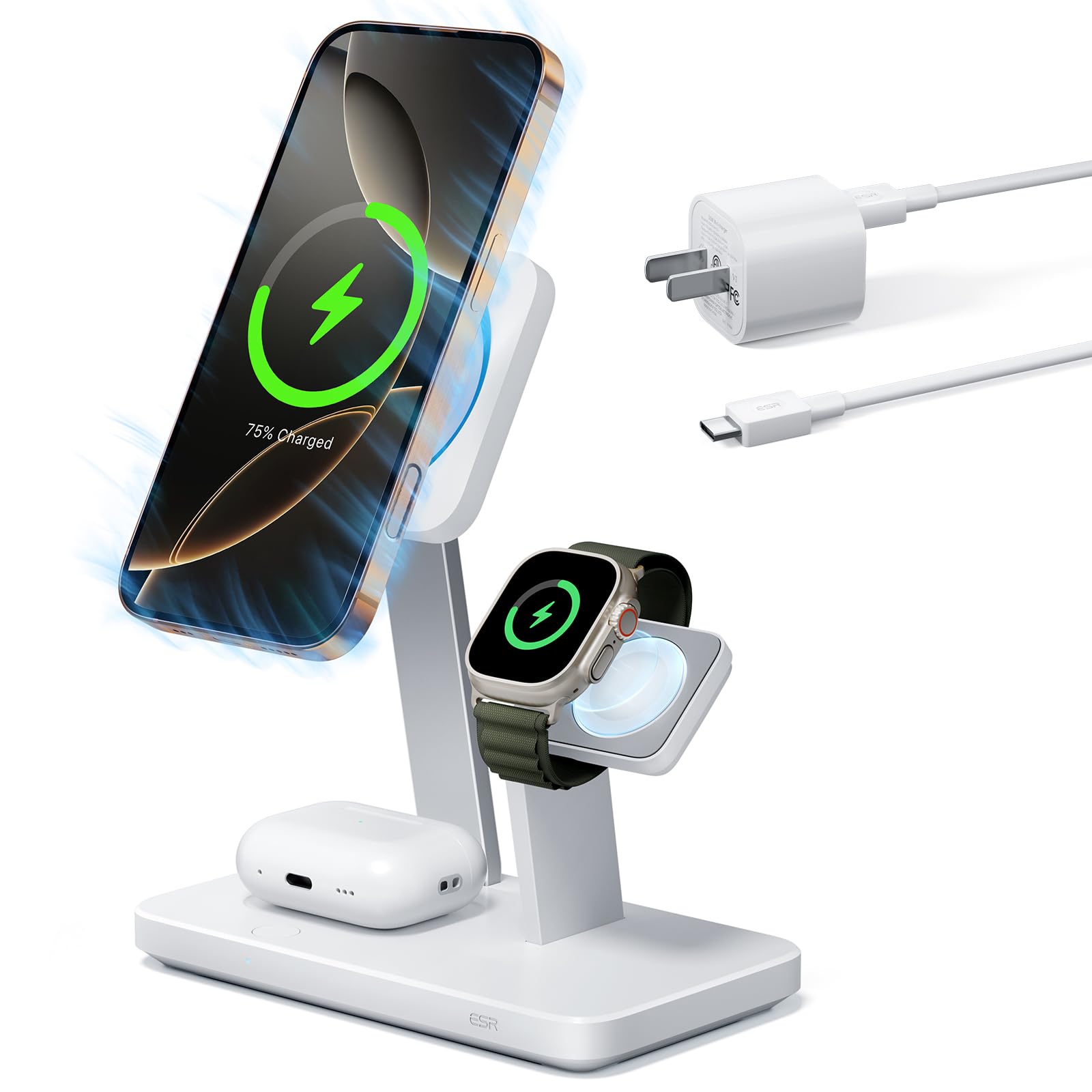 ESR 25W 3-in-1 Compatible with MagSafe Charger Stand, Made for Apple-Certified Magnetic Charger, 15W Charging for iPhone 17/16/15/14/13/12, AirPods Pro 4/3/2, Phone-Cooling, White