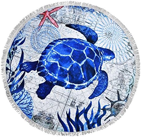 ONGLYP Round Beach Towel Baseball Softball Design Large 60'' Microfiber Beach Blanket with Tassels Thick Beach Throw Wall Hanging Sports Yoga Mat Wrap Shawl Beach Towel (Sea turtle)