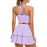 Womens Tennis Dress 2 Piece Set with Built-in Bra & Short Pockets Golf Cross-Back Tank Top and Puffed Skirt Outfit