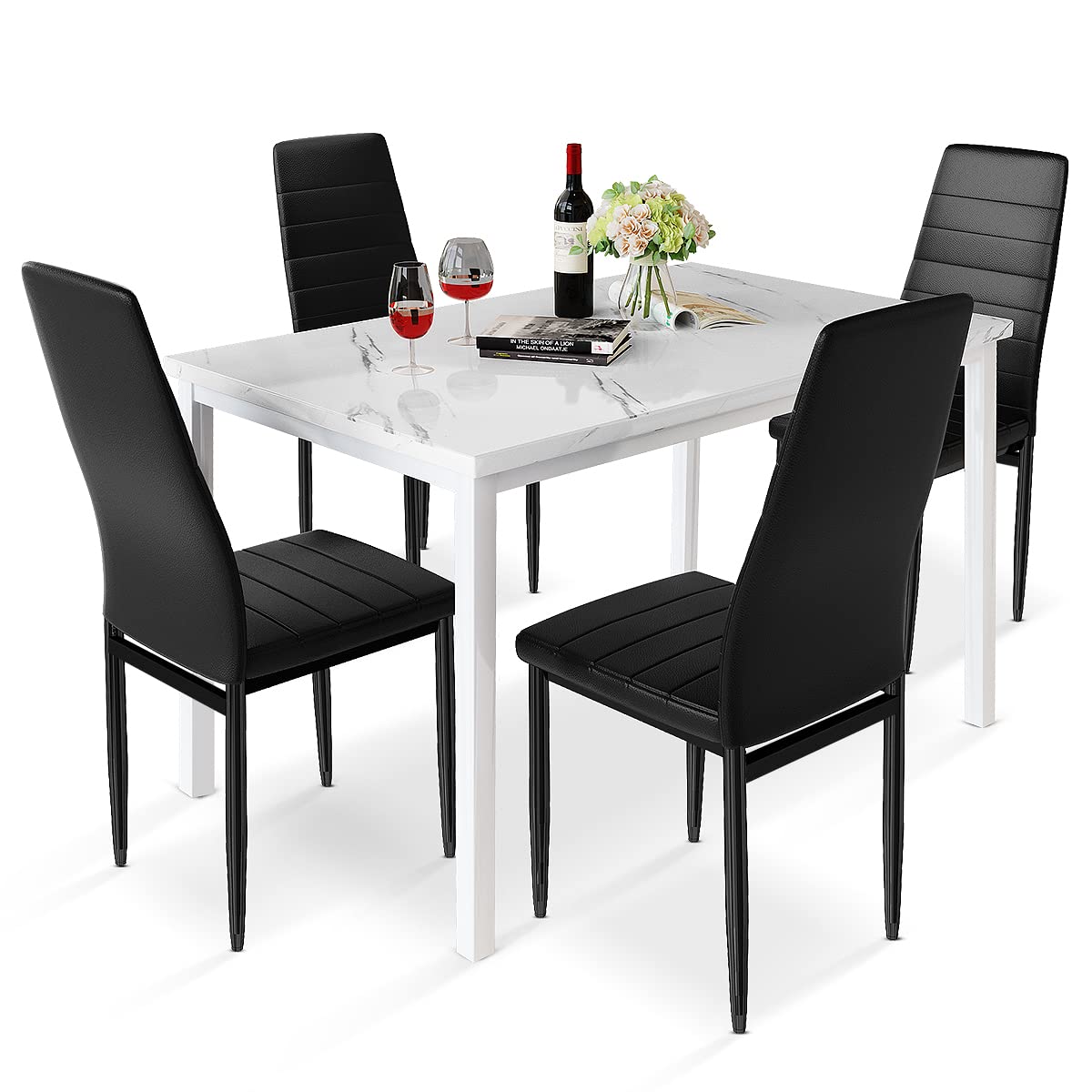 Photo 1 of Recaceik Dining Room Table Set Modern Dining Table Set for 4 Kitchen Table and Chairs Faux Marble Dinner Table & 4 PU Leather Upholstered Chairs Dinning Table Sets for 4 Kitchen & Dining Room Sets