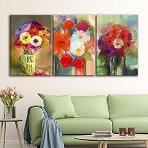 3 Panel Canvas Wall Art - Watercolor Style Red Flowers in Vases - Giclee Print Gallery Wrap Modern Home Art Ready to Hang - 16"x24" x 3 Panels