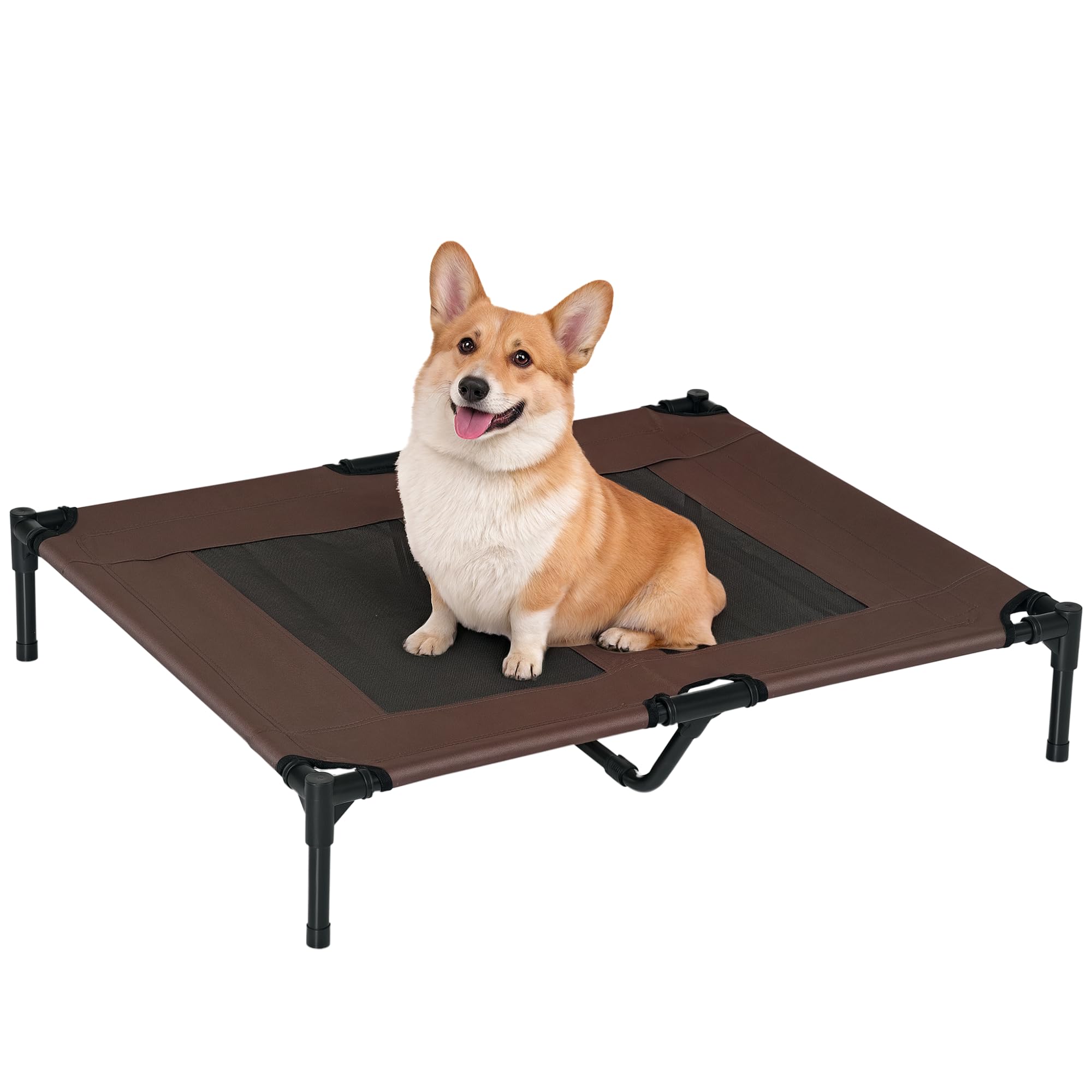 PawHut Large Raised Dog Bed Cat Elevated Lifted Cooling Portable Camping Basket Outdoor Indoor Mesh Pet Cot Metal Frame Brown
