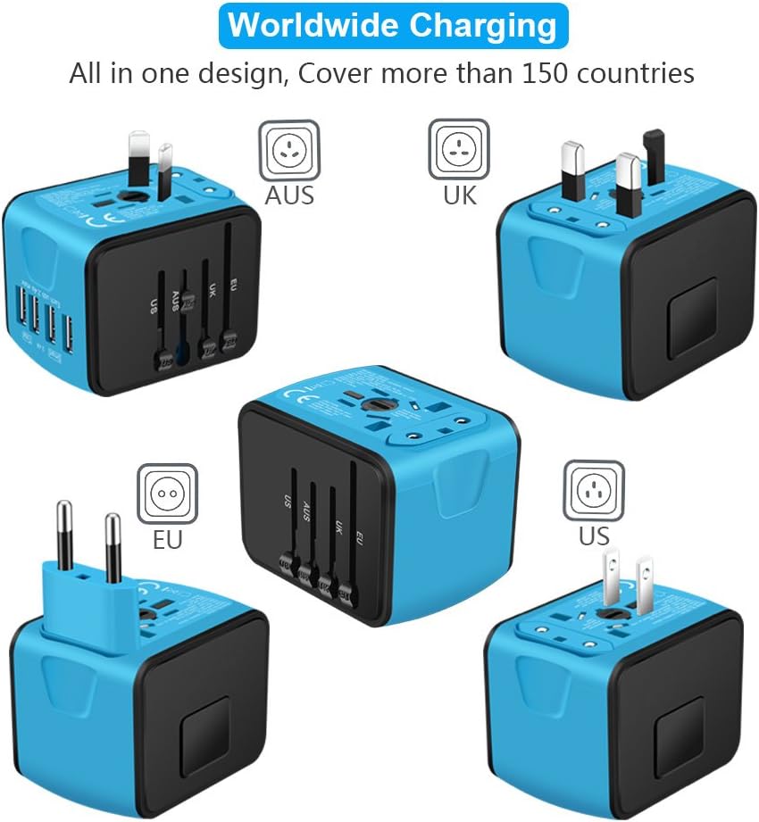 SAUNORCH Universal International Travel Power Adapter W/Smart High Speed 2.4A 4xUSB Wall Charger, European Adapter, Worldwide AC Outlet Plugs Adapters for Europe, UK, US, AU, Asia-Blue: Electronics