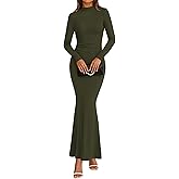 dowerme Spring Dresses for Women 2026 Formal Mock Neck Long Sleeve Ruched Knit Bodycon Mermaid Maxi Wedding Guest Dress