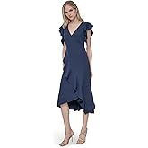 DKNY Women's Ruffle Cap Sleeve Surplice Neck Fit and Flare Midi Dress
