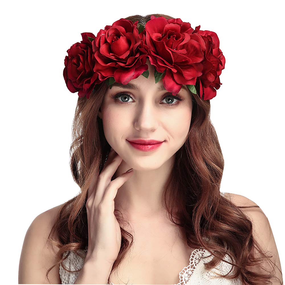 Women Rose Flower Crown Headband Hairbands Girl Bohemian Bride Floral Garland with Elastic Band for Wedding Party Festival Hair Headpiece