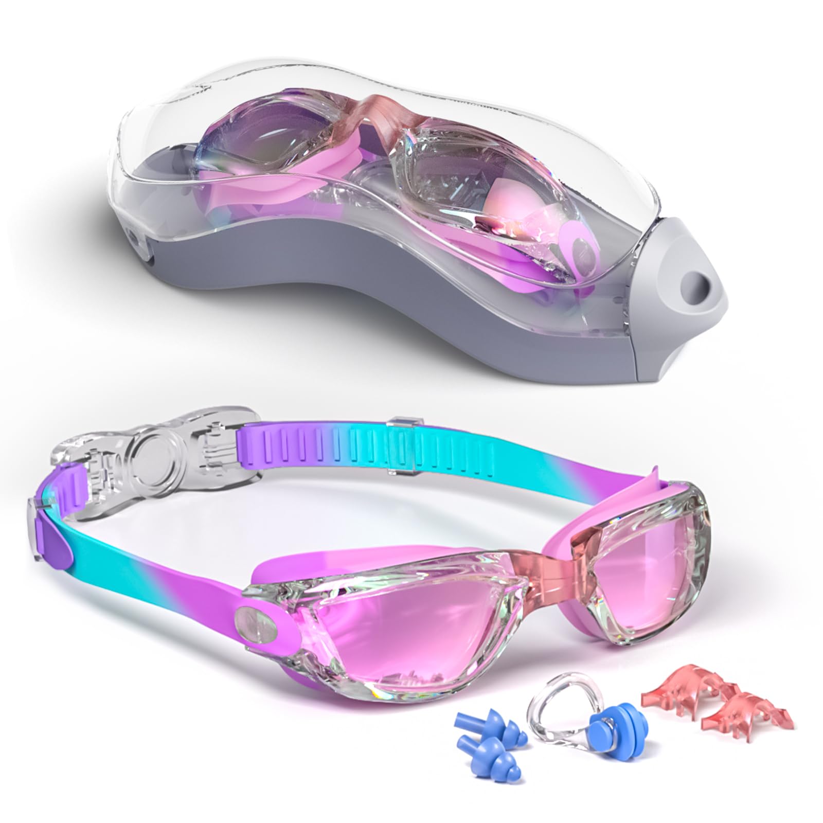 Hurdilen Kids Swim Goggles, Swimming Goggles for Kids Children, Anti-Fog Anti-UV Youth Swim Glasses with Nose Clip, Earplugs for Age 3-15