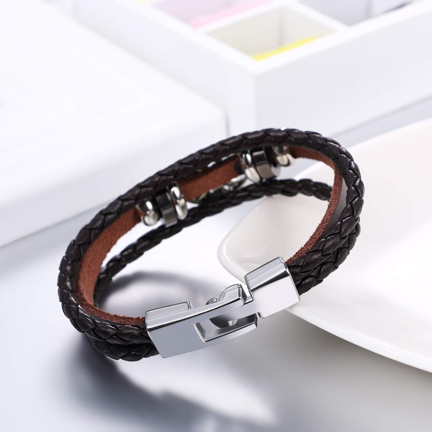 Flongo Multilayer Braided Leather Cuff Bracelet for Men Women Brown Black Hand Chain with Alloy Tree of Life Retro Ethnic Style - Image 5