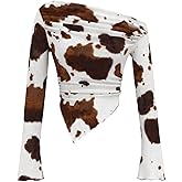 RoseSeek Women's Y2K Cow Print Bell Long Sleeve T Shirt Ruched Asymmetrical Neck Slim Fitted Tee Tops