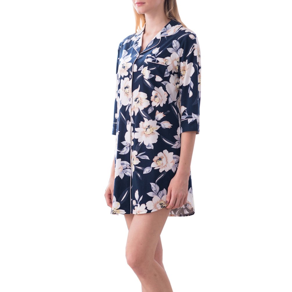 ENJOYNIGHT Women's Sleep Shirt 3/4 Sleeves Pajama Top Button-Front Nightshirt (US (8,10)=Tag L, Floral)