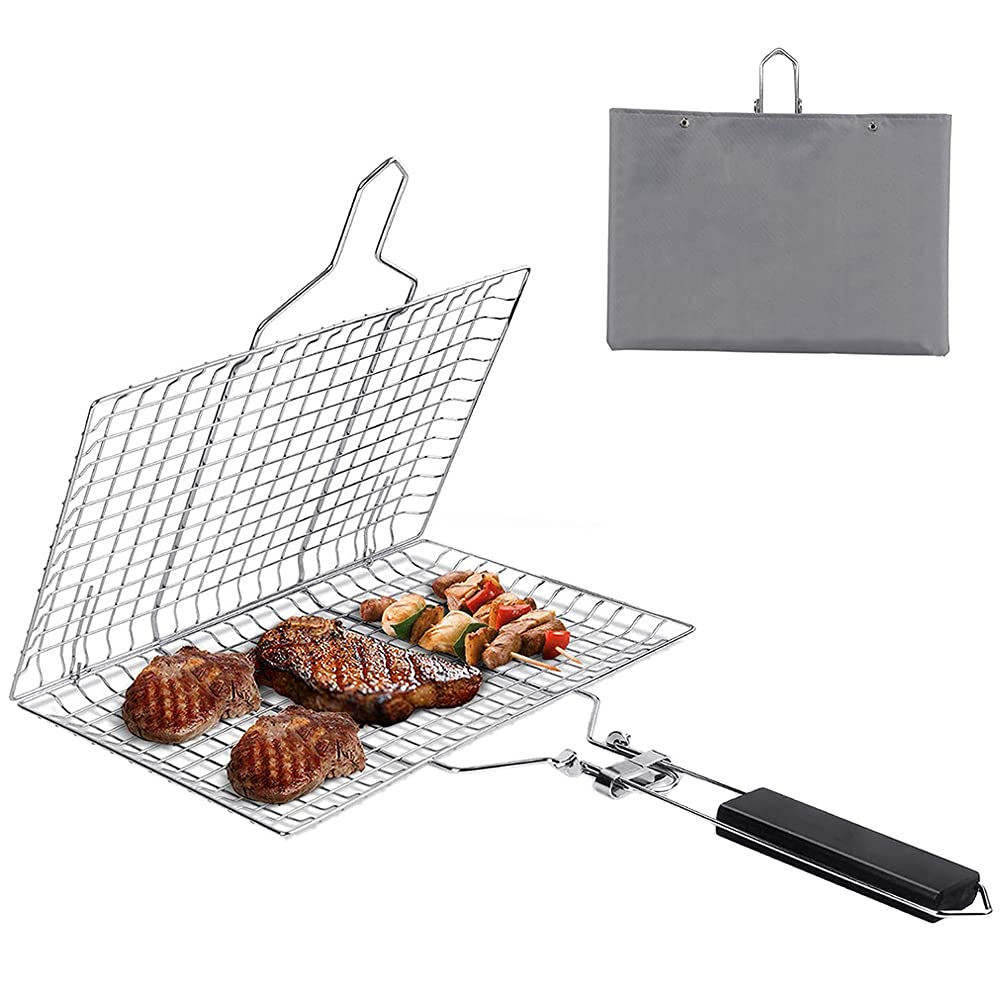 YANJINGHE Stainless Steel Barbecue Grill Basket, Square, Silver, Perfect for Steak, Fish, Shrimp, Vegetables