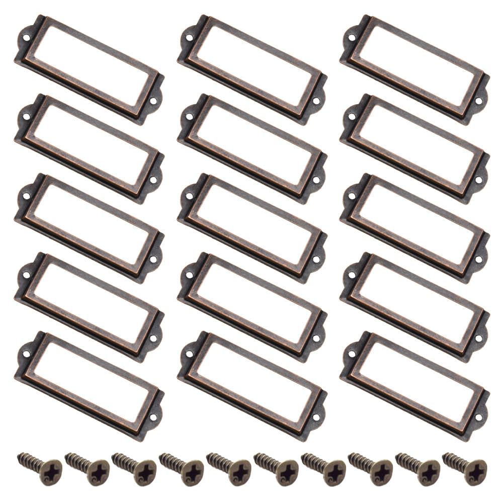 Yosawo 20Pcs Label Holder Metal Card Tag Holder Furniture Drawer Cabinet Tag Frame with Screws for Cabinets, Boxes, Shelf, Drawer, Wine Cellar and House Decoration(83 * 30mm/Red Bronze)