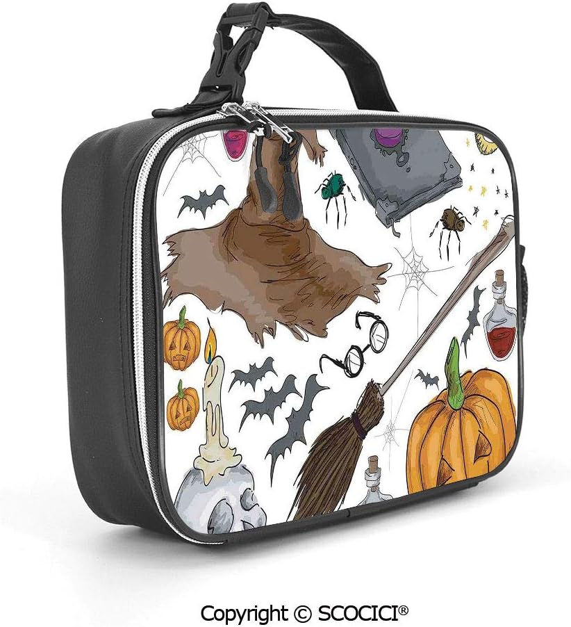 AmaUncle Detachable Leather Lunch Bag with Pocket Magic Spells Witch Craft Objects Doodle Style Grunge Design Candle Meal Lunch Box for Women Men Adults College Work Picnic Hiking Beach Fishing