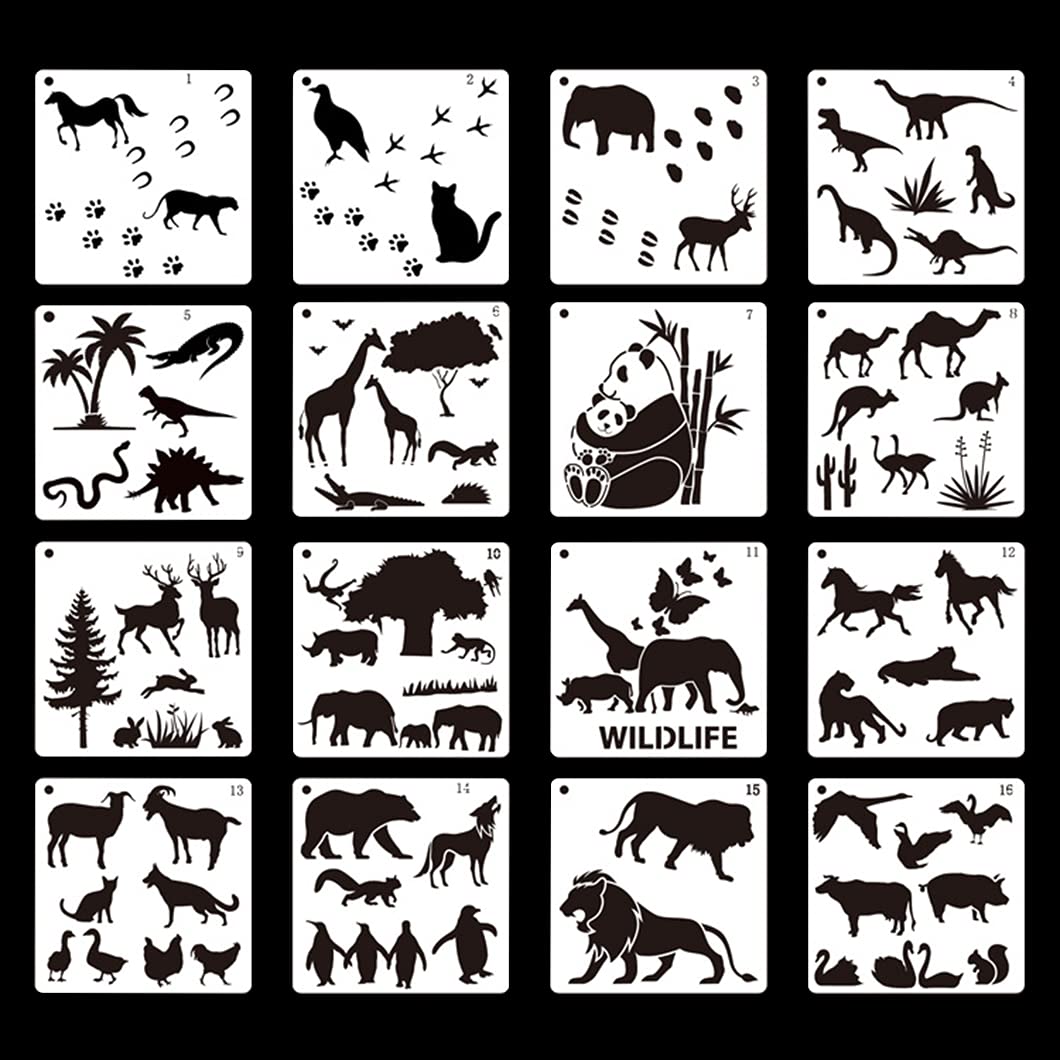 Rolin Roly 16pcs Animal Painting Stencils Plastic Drawing Painting Templates Reusable Graphics Stencils Animals Stencils Pattern for Crafts DIY Walls Paper Card Home Decoration