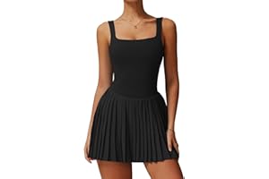 Womens Square Neck Tennis Dress Pleated Sleeveless Backless Built in Shorts Golf Athletic Dress with Pockets