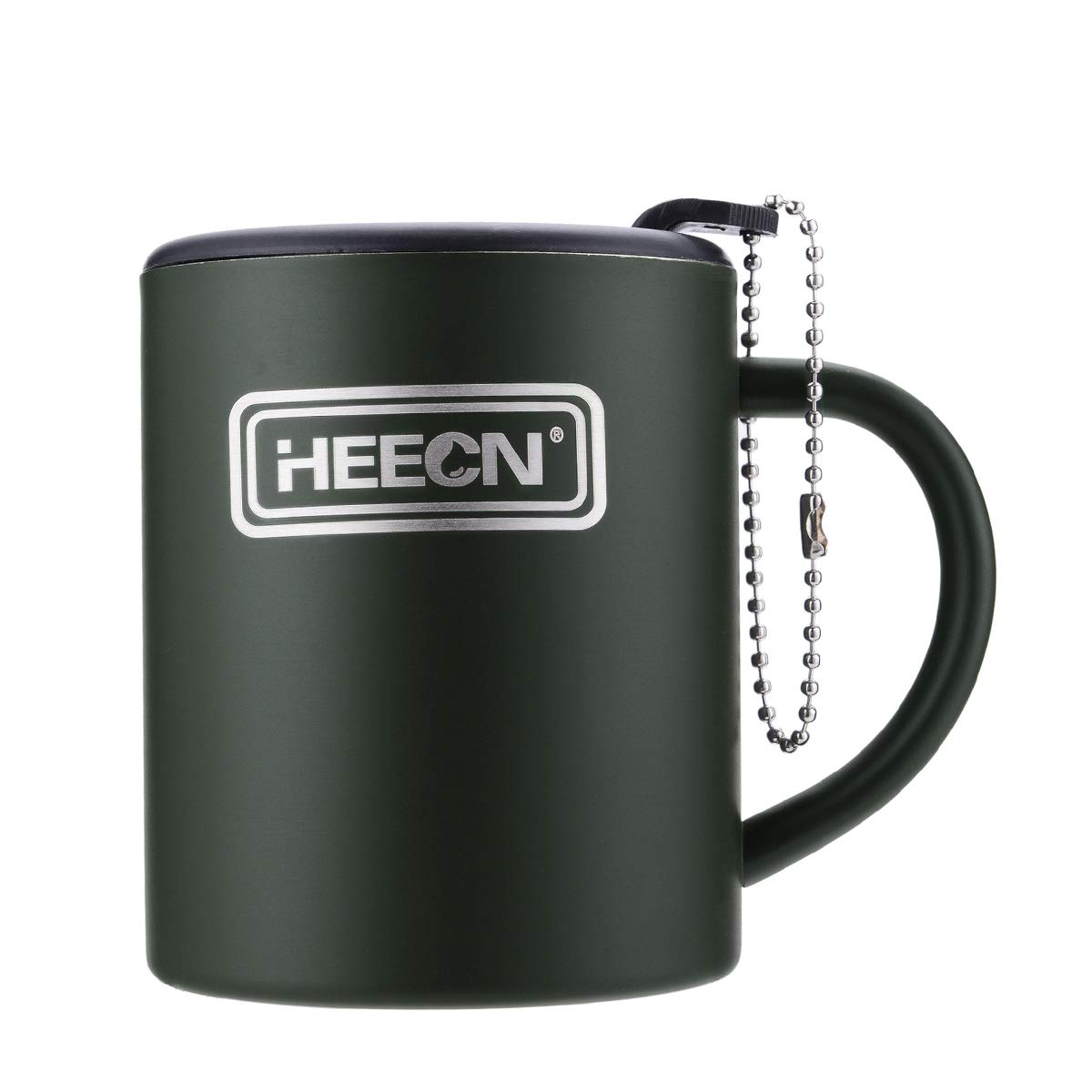 HEECN Camping Mugs - Double Walled Stainless Steel Mug for Hot Drinks with Lid - Army Green - Backpacking – Trekking – Hiking - HESS-038BG (10oz with Rotating lid)