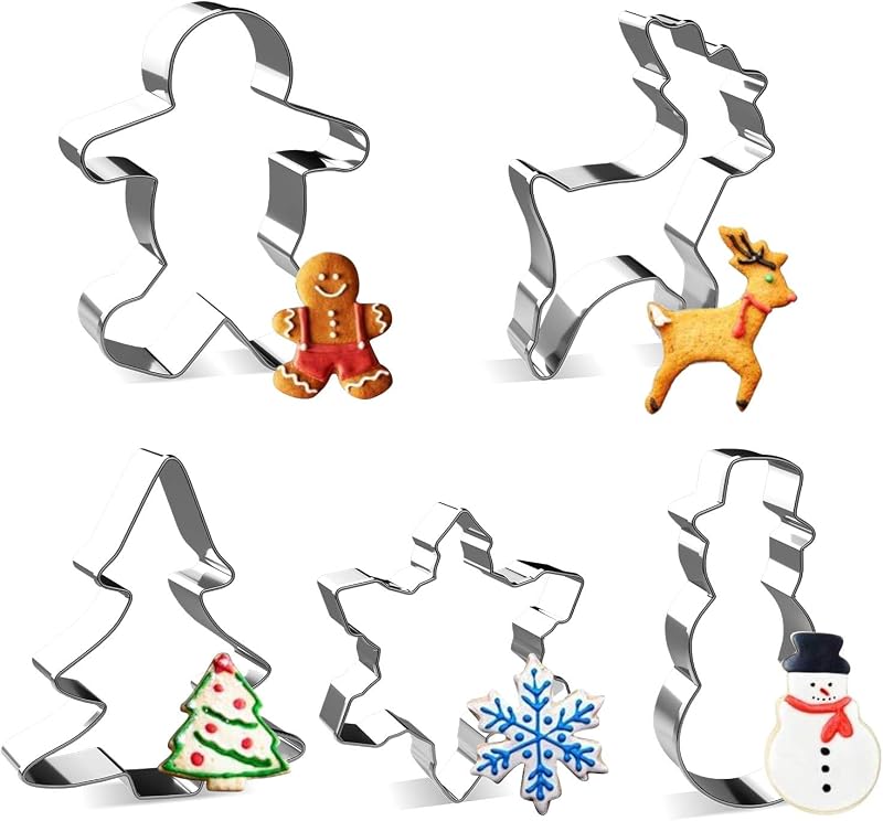 Joyoldelf 5 Piece Christmas Cookie Cutter Set Stainless Steel Snowflake Tree