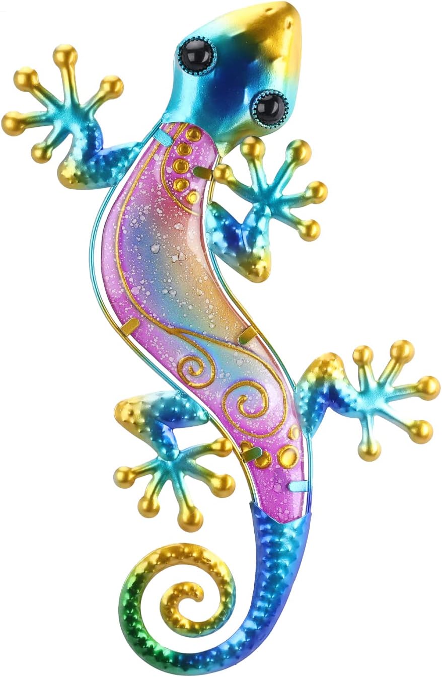 Plaques & Wall Art - VCUTEKA Outdoor Metal Gecko Wall Decor Lizard Wall Sculpture Hanging Garden Wall Art Glass Sculpture for Indoor Outdoor Patio Fence Decor 14.6'' Pink
