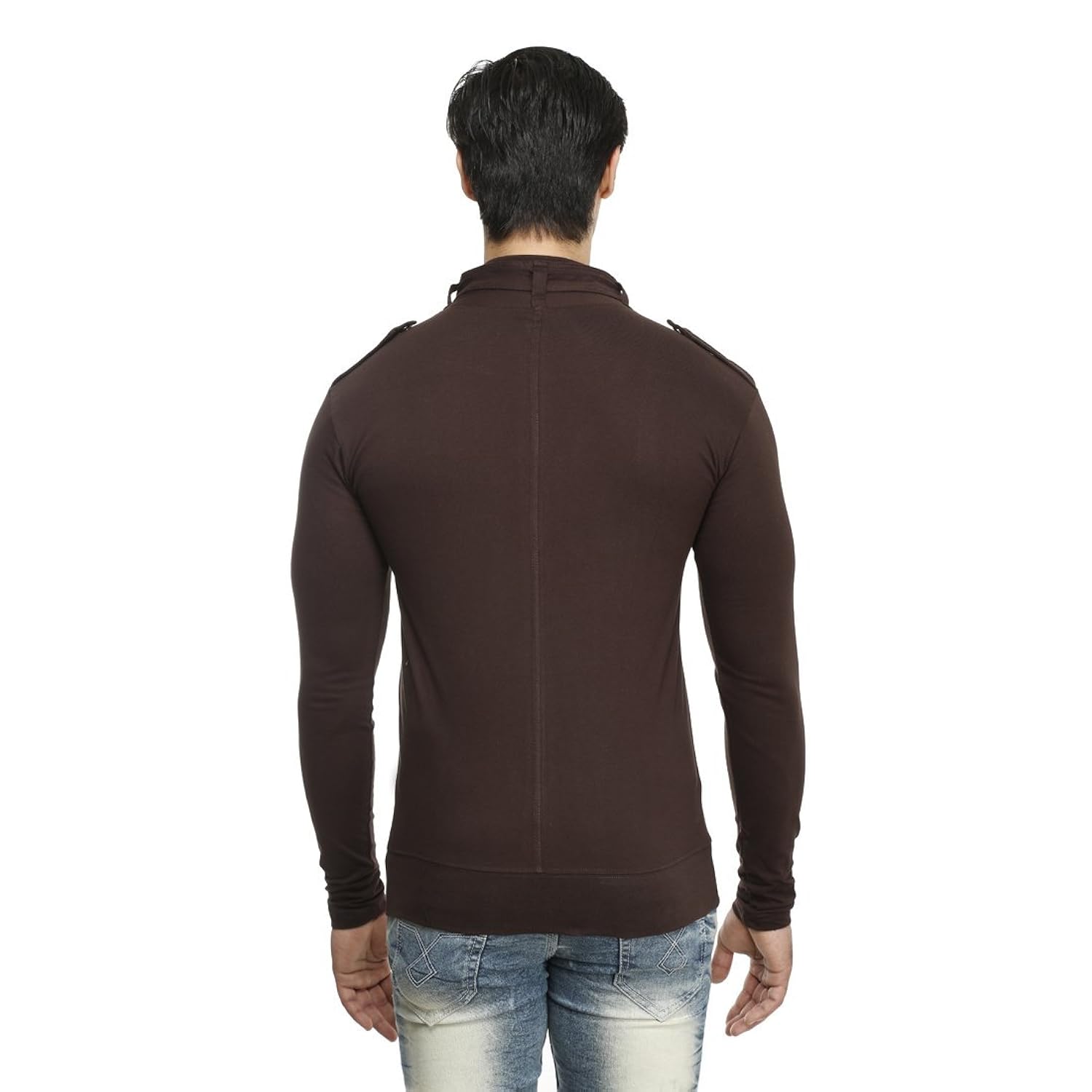 tees collection men's full zip buckle neck full sleeve brown colour t-shirt