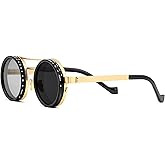FEISEDY Adjustable Tint Sunglasses Polarized Men, 1-9 Gear Manual Dimming, Steampunk Round Metal Frame UV400 ND Filter B1400