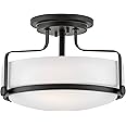 Hinkley Harper 3641BK Medium Semi-Flush Mount Ceiling Light, Sleek, Retro Style, Black and Etched Opal Glass
