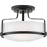 Hinkley Harper 3641BK Medium Semi-Flush Mount Ceiling Light, Sleek, Retro Style, Black and Etched Opal Glass