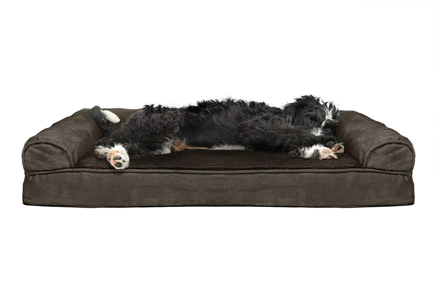 FurHaven Large Cooling Gel Foam Dog Bed Plush & Suede Sofa-Style w/Removable Washable Cover - Espresso, Large