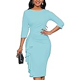 Yajedo Church Dresses for Women 3/4 Sleeve Bodycon Ruffle Vintage Wear to Work Pencil Midi Dress