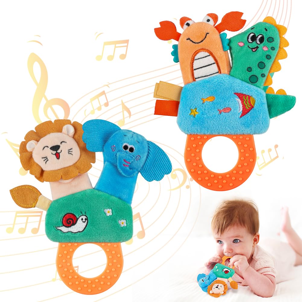 HOTUT Baby Soft Rattles, 2 Pack Finger Rattle Toys, Plush Animal Rattle Toys for Babies, First Baby Sensory Toy with Sound for 0-3, 3-6, 6-9, 9-12 Month Infant Gift (Lion, Elephant, Shrimp, Crocodile)