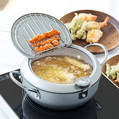 Non-stick coating Frying pan with thermometer Tempura Fryer Pot, Mini Deep Fry Pan with Drainer Mini Deep frying pan with oil frying pan 8 IN (Best Oil For Deep Frying Tempura)