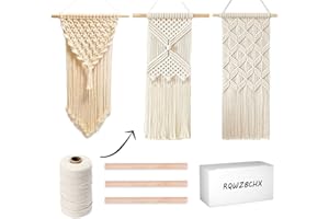 RQWZBCHX DIY Macrame Wall Hanging Kits, 3 Patterns Macrame DIY Wall Hangers for Beginners, Home Decor with 200 Meters Macrame Cord, 3 PCS Wooden Dowels and Instruction Booklet for Macrame Starters