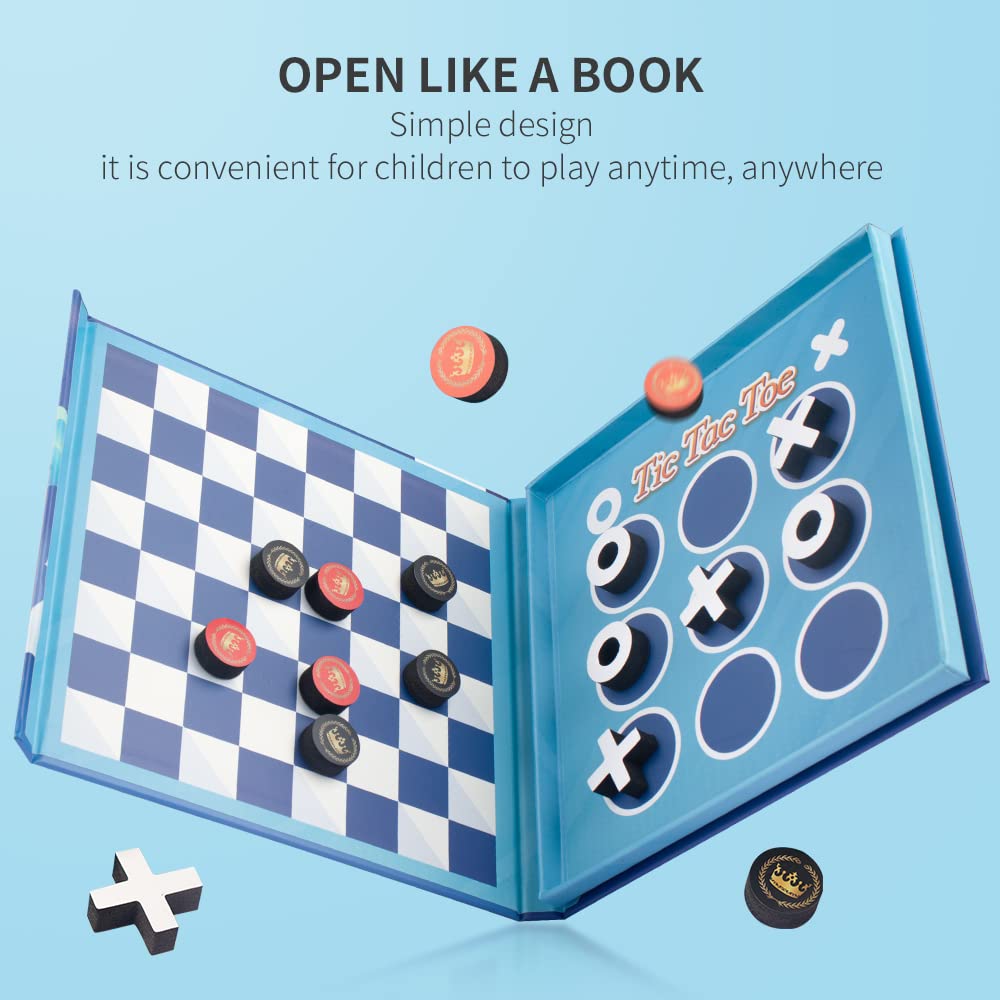 2-in-1 Checkers & Tic-Tac-Toe Board Game | Magnetic Travel Games for Kids 8-12 | Plane Activities for Kids Ages 8-12 | Foldable Magnetic Checkers & Travel Activities (Ages 3-12)​