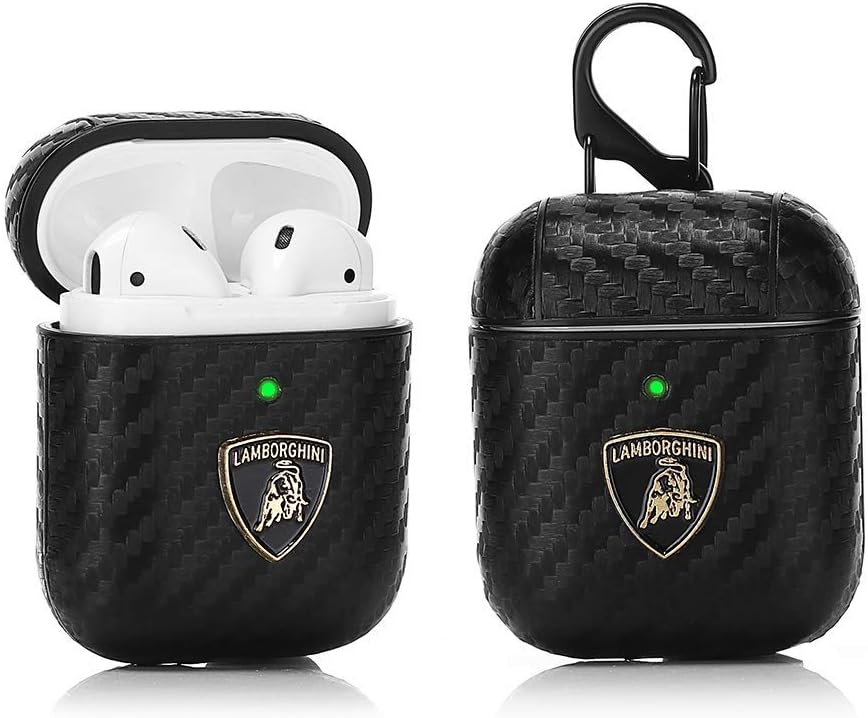 LKDEPO Airpods Luxury Leather Case Cover Kits with Key Fob Compatible for Airpods 1 & 2 [LED Front] [3D Car Brand Pattern] [Stylish Designer for Men and Teenagers] Lamborghini-1