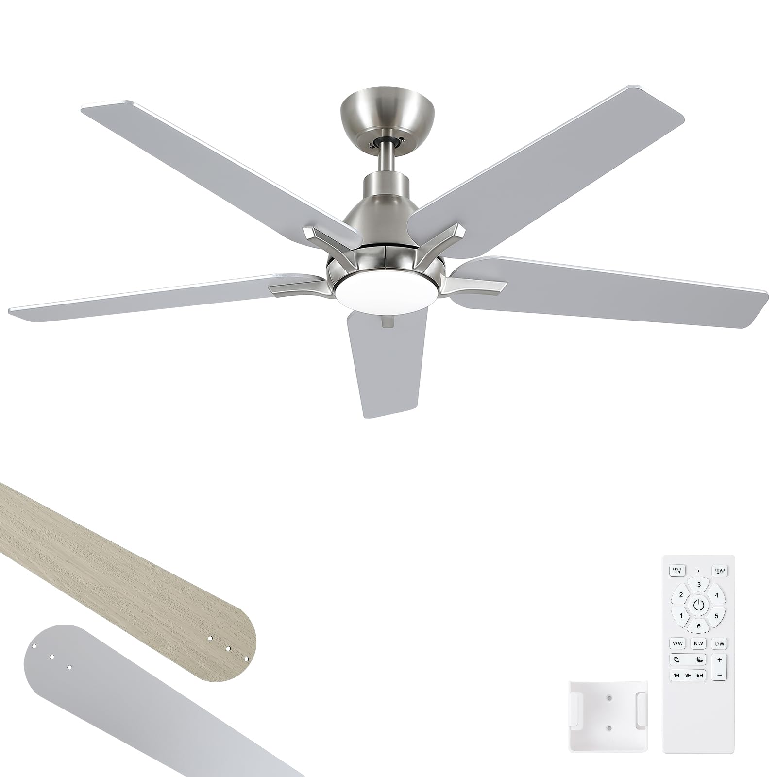 Photo 1 of putroad 52 Inch Ceiling Fans with Lights and Remote, Brushed Nickel Modern Ceiling Fan for Bedroom, Living Room, Dining room, Patio, 3CCT Dimmable 6 Speeds DC Quiet Reversible