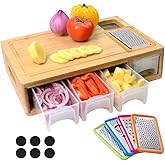 COMELLOW Bamboo Cutting Board with Containers, Lids, and Graters, Large Wood Cutting Board with Containers, Food Dropping Zone, Carving Board with Easy-grip Handle, Juice Groove