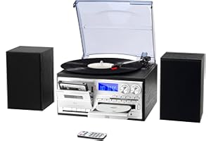 MUSITREND 10 in 1 Record Player with External Speakers, 3 SpeedTurntable with AM/FM Radio, CD & Cassette Player, Bluetooth, USB/SD Playback, Remote Control, Black