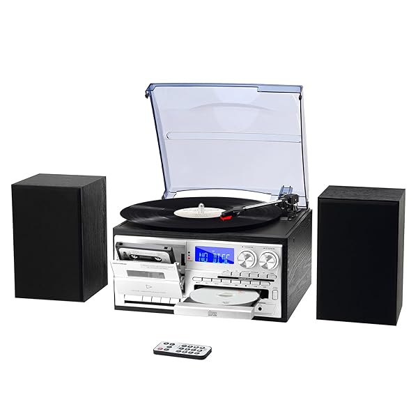 MUSITREND 10 IN 1 RECORD PLAYER WITH EXTERNAL SPEAKERS, 3 SPEEDTURNTABLE WITH AM/FM RADIO, CD & CASSETTE PLAYER, BLUETOOTH, USB/SD PLAYBACK, REMOTE CONTROL, BLACK