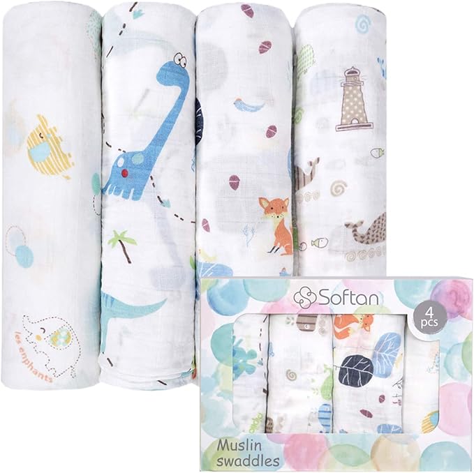 Muslin Baby Swaddle Blankets, Bamboo Cotton Receiving Blankets for Boys
