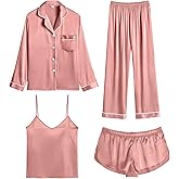 SWOMOG Womens 4pcs Pajamas Sets Silk Satin Pjs Sexy Cami Shorts Set Button Down Long Short Sleeve Sleepwear Loungewear