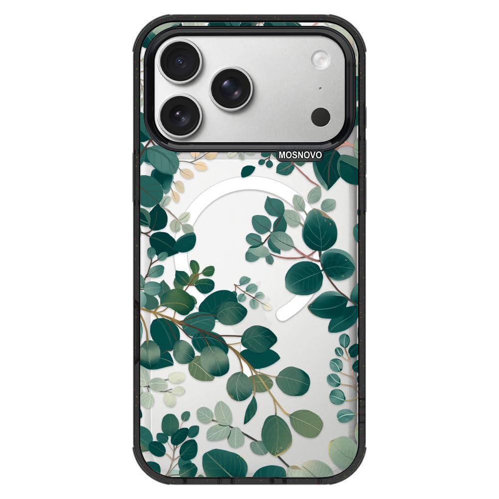 mosnovo for iphone 17 pro max case, compatible with magsafe, shockproof 10ft 4x military-grade drop protection, clear black magnetic phone case for iphone 17 pro max, eucalyptus design