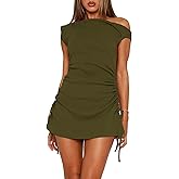 ZREQV Bodycon Dresses for Women Summer Off The Shoulder Sexy Side Drawstring Vacation Cocktail Club Party Mini Dress