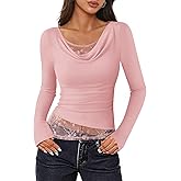ZESICA Women's Fall Long Sleeve Tops 2026 Casual Cowl Neck Lace Slim Fit Going Out Y2k Knit Shirts Blouses