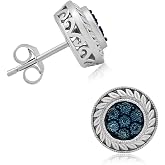 Jewelili 925 Sterling Silver Diamond Stud Earrings for Women | Blue, White or Champagne Diamond Accents | Round Studs | Fine Jewelry | Gift Box for Birthdays Valentines Day