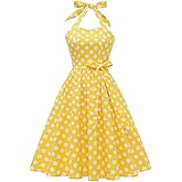 Women Halter Neck 50s Vintage Polka Dot Cocktail Swing Dress Retro Pinup 1950s Audrey Hepburn Rockabilly Prom Dress Lace Up Backless A-Line Wedding Formal Party Casual Belt Dresses Halter-Yellow L